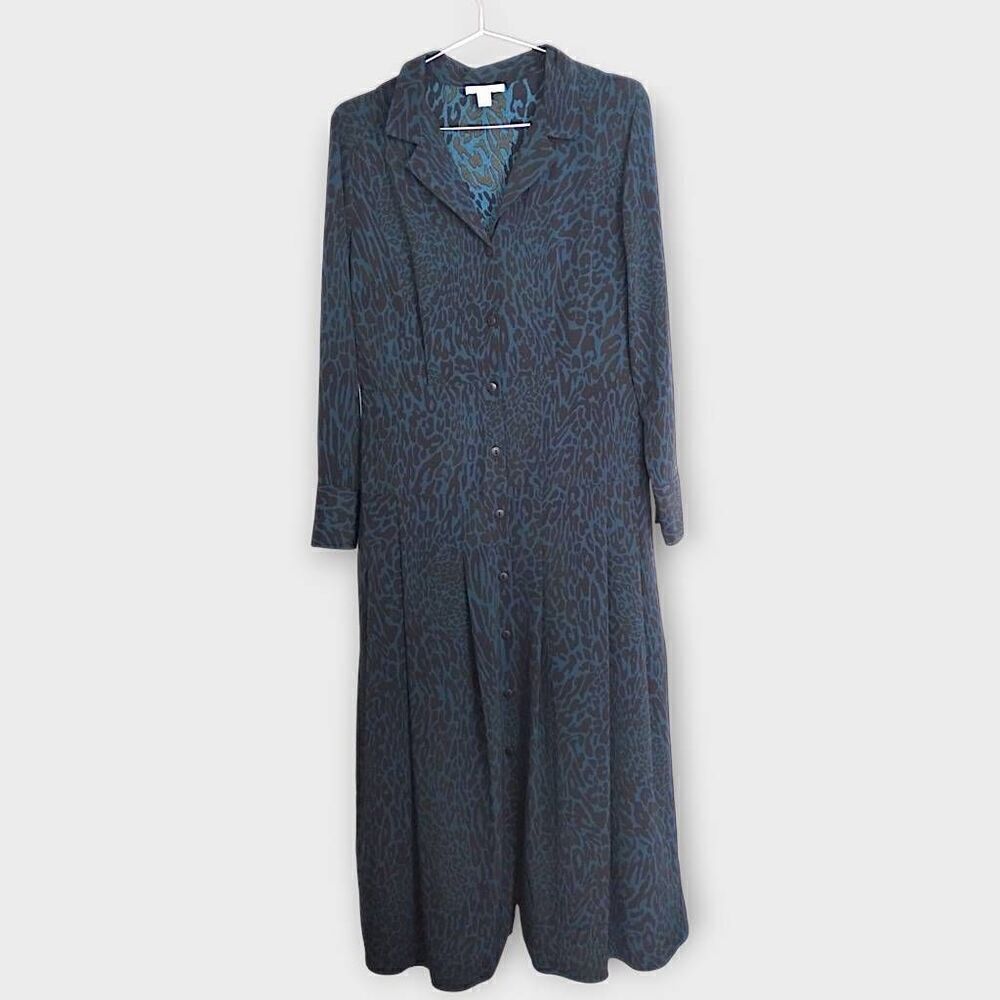 TopShop Leopard Midi Sz 8 Turquoise Black Button Crepe Dress Academia Whimsicor‎